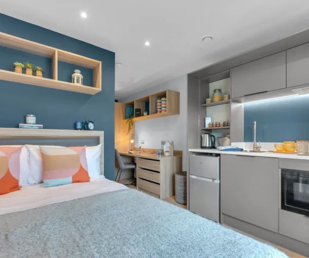 Bed study area kitchen living room exterior at Iconinc The Bonnie in Glasgow Student Accommodation