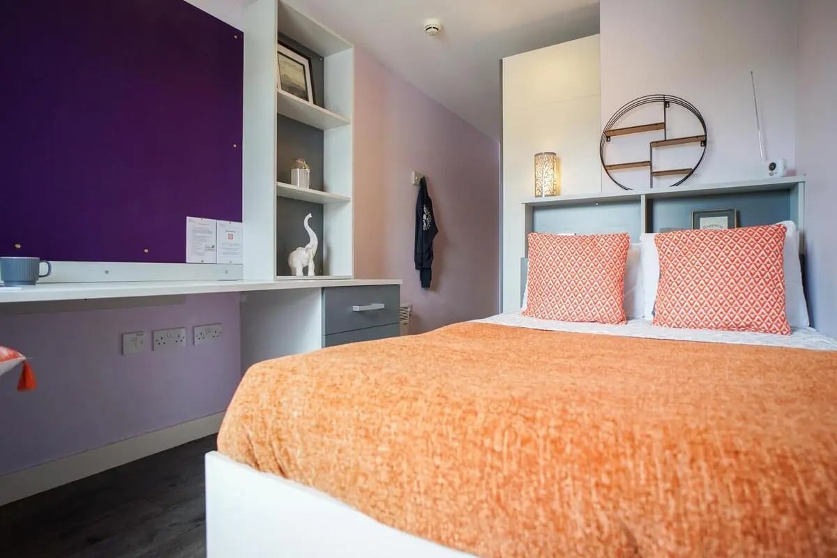 Bed desk shelves with elephant and decor bedroom at Beaverbank Place in Edinburgh Student Accommodation