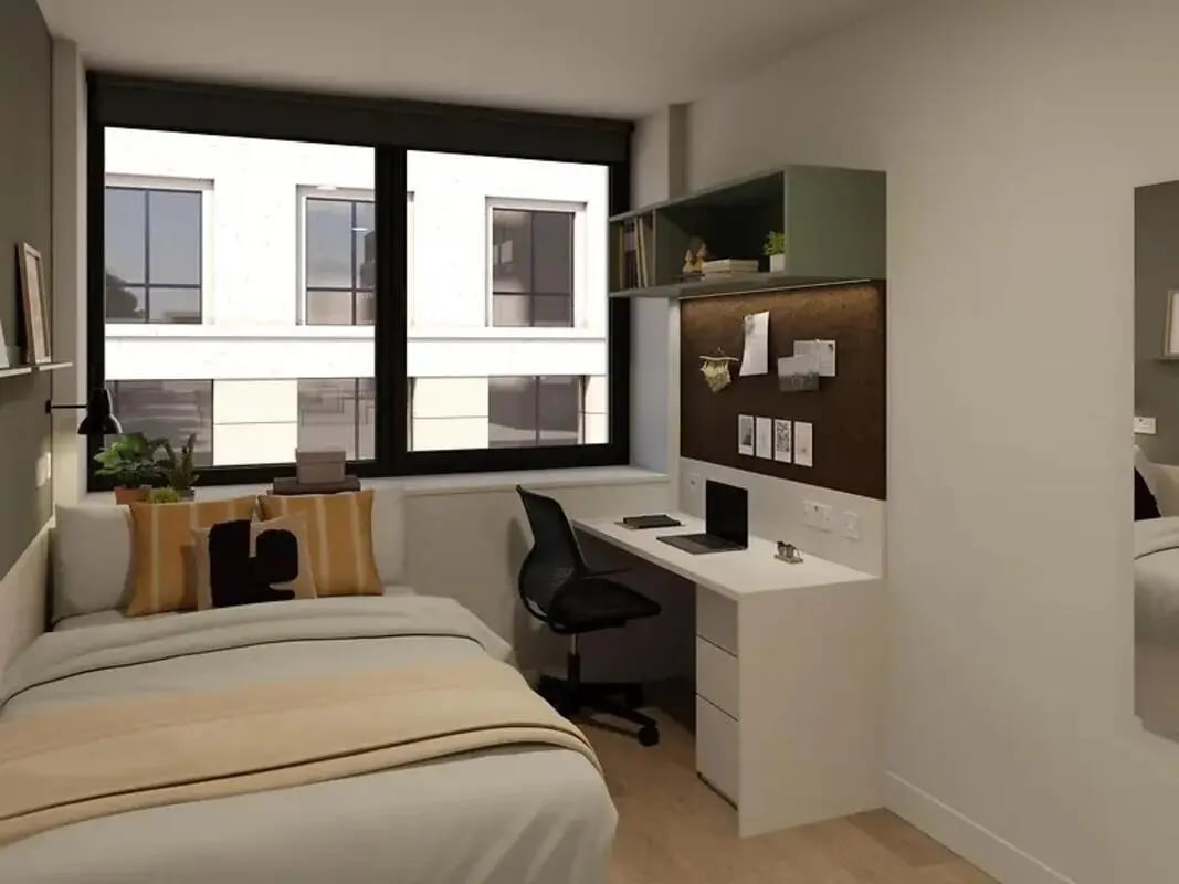 Bed desk shelving and corkboard bedroom at Yugo Haüs in Birmingham Student Accommodation