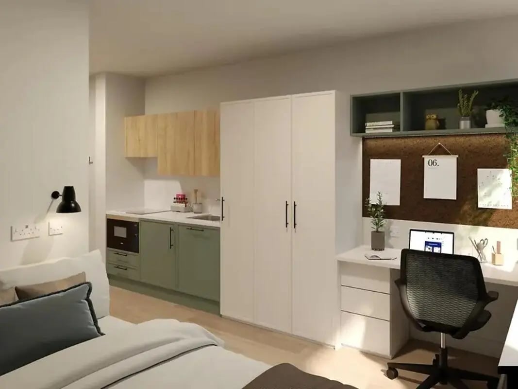 Kitchen wardrobe desk with laptop study area at Yugo Haüs in Birmingham Student Accommodation