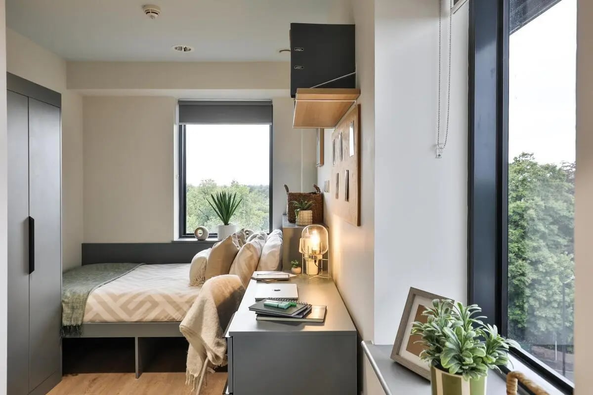 Bed wardrobe desk lamp and plant bedroom at B16 Studios in Birmingham Student Accommodation