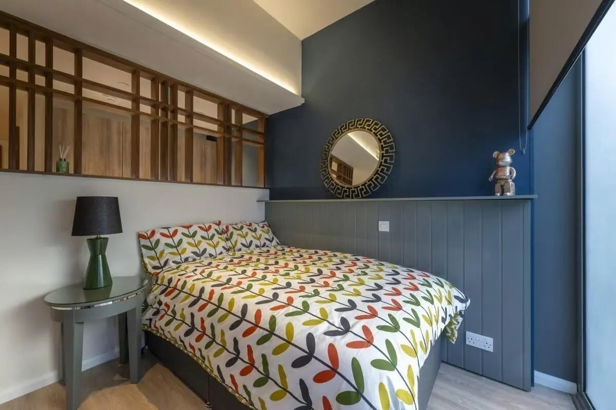 Bed side table lamp and patterned duvet Bedroom at St. Andrew Street in Aberdeen Student Accommodation