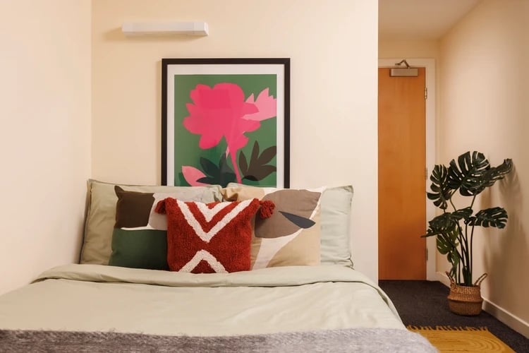 Bed with pillows art plant door bedroom at Byron Central in Newcastle Upon Tyne Student Accommodation