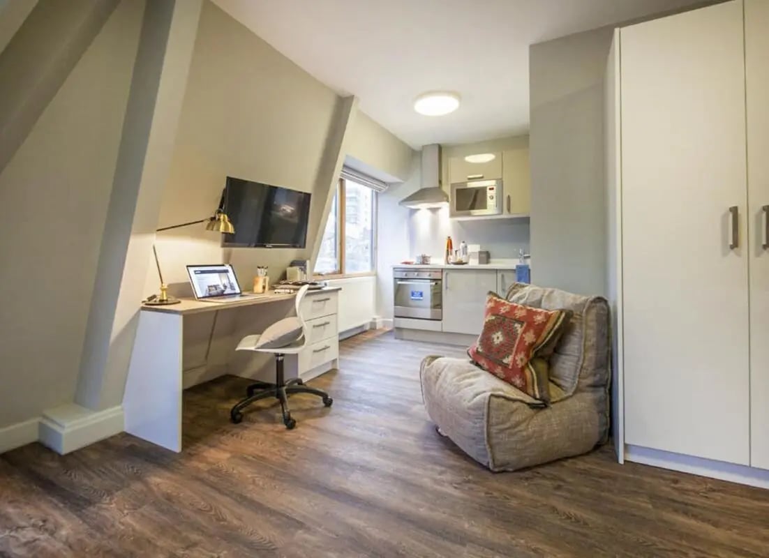 Desk kitchen beanbag and wardrobe studio flat at Halsmere Studios in London Student Accommodation