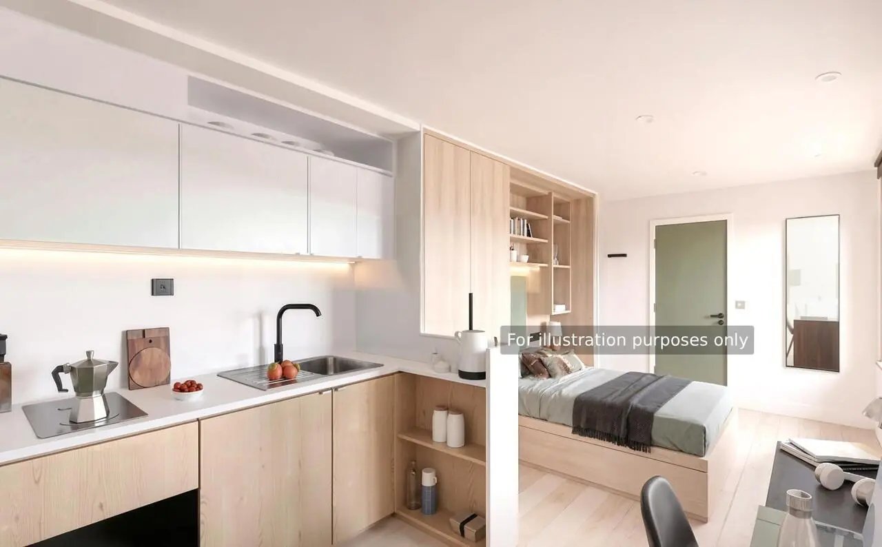 Modern studio kitchen and bed area at Halsmere Studios in London Student Accommodation