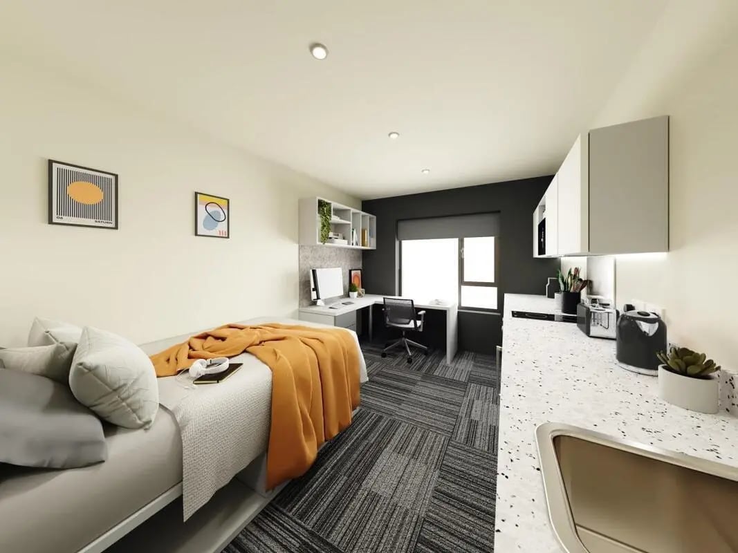 Bed desk kitchen and cabinets studio at Ash Grove Court - Guildford in Guildford Student Accommodation