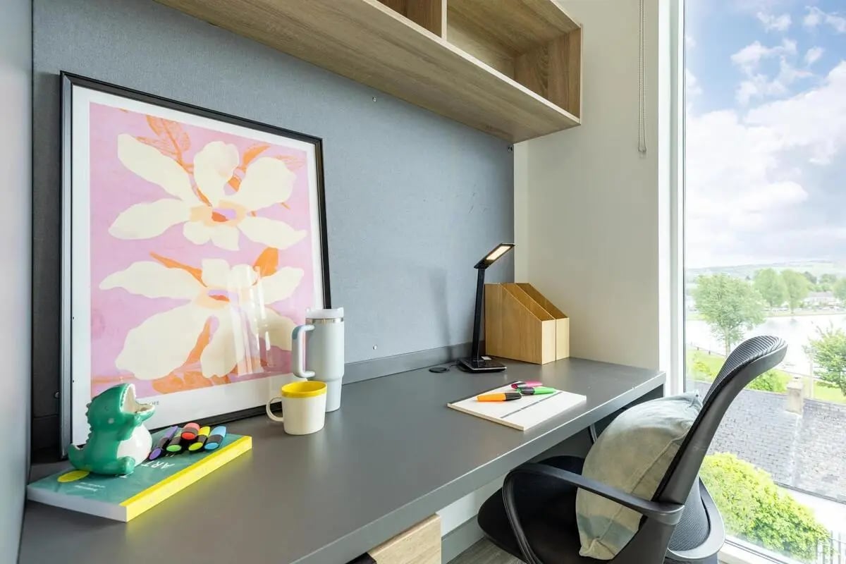Desk with art, lamp, chair, window Study Area at Ashlin House in Cork Student Accommodation