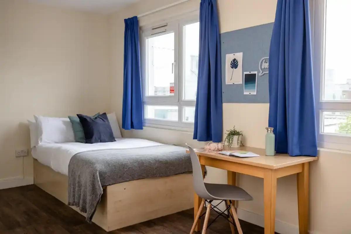 Bed desk chair and plant bedroom at Mcmillan student Village in Greenwich Student Accommodation