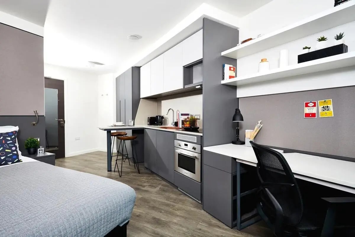 Bed kitchen study area and desk Living room at Vita Student Newcastle Strawberry Place in Newcastle Upon Tyne Student Accommodation
