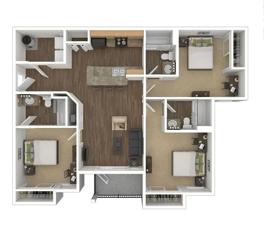 Three bedrooms kitchen living room bathrooms floor plan at Waypoint at Hammond in Hammond Student Accommodation