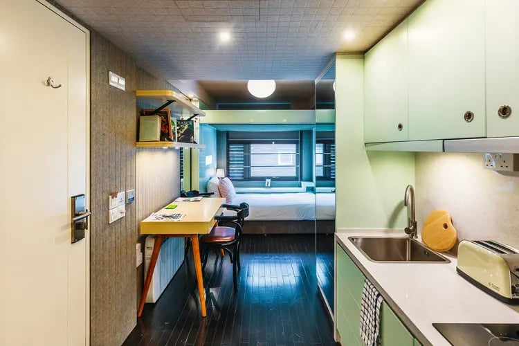 Desk bed kitchen area and toaster studio apartment at The Stay Club - Kentish Town in London Student Accommodation