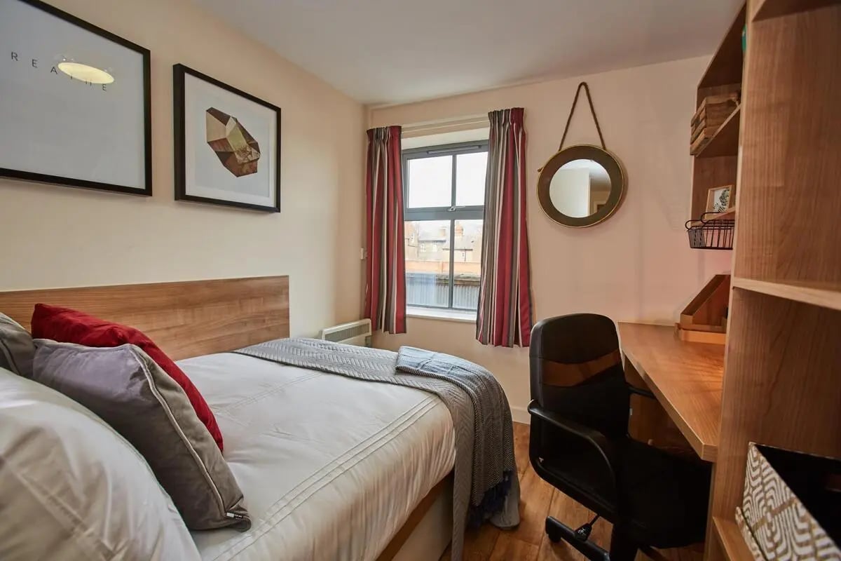 Bed desk chair framed art mirror bedroom at Abbeygate in Chester Student Accommodation