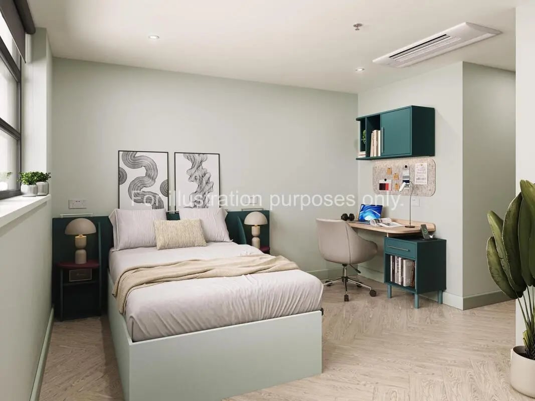 Bed desk chair shelving artwork bedding bedroom at Willen House in London Student Accommodation