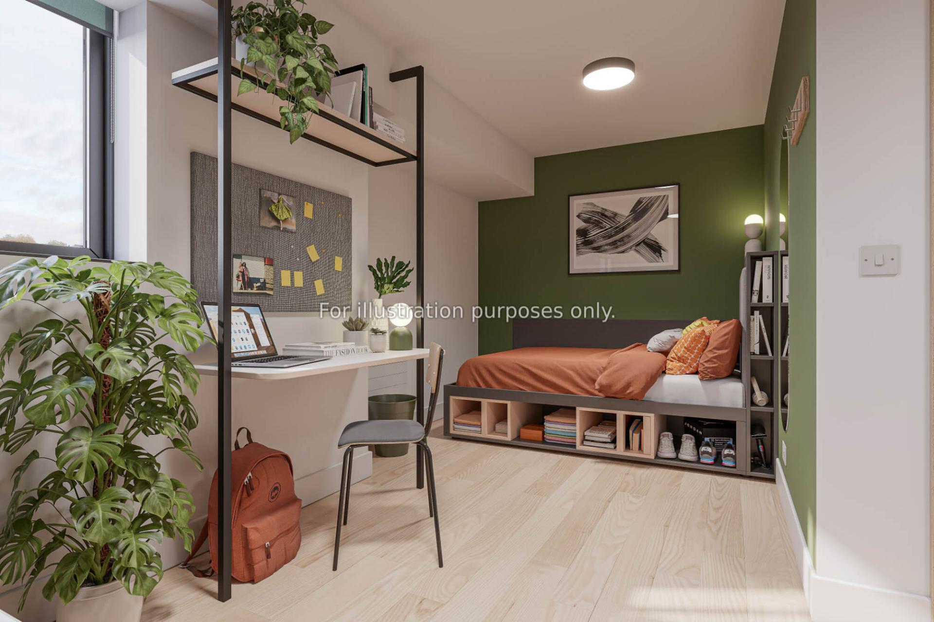 Desk plant laptop bed and backpack bedroom at Arcadian in Nottingham Student Accommodation