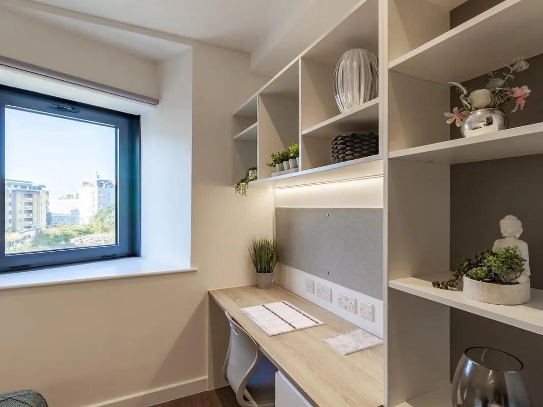 Desk with plants and shelves Study area at Saltwater Place in Plymouth Student Accommodation