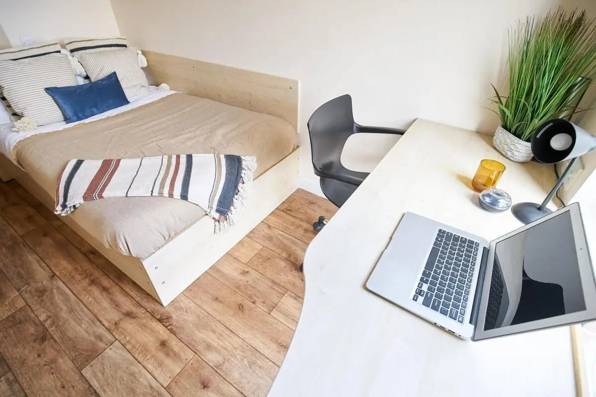 Bed desk laptop plant and chair bedroom study area at Rockingham House in Sheffield Student Accommodation
