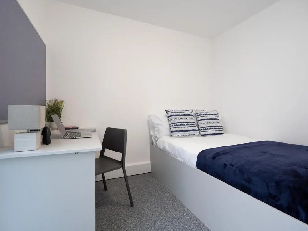 Bed desk lamp laptop chair bedroom at The Paper Works in Sheffield Student Accommodation