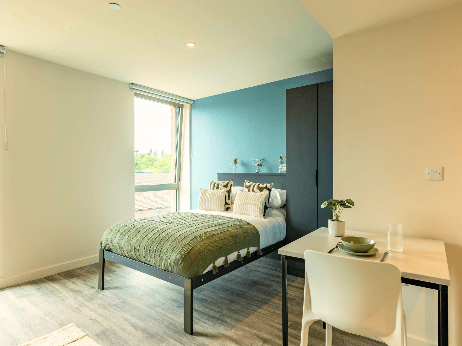 Bed desk and closet student bedroom at Pershore Junction in Birmingham Student Accommodation