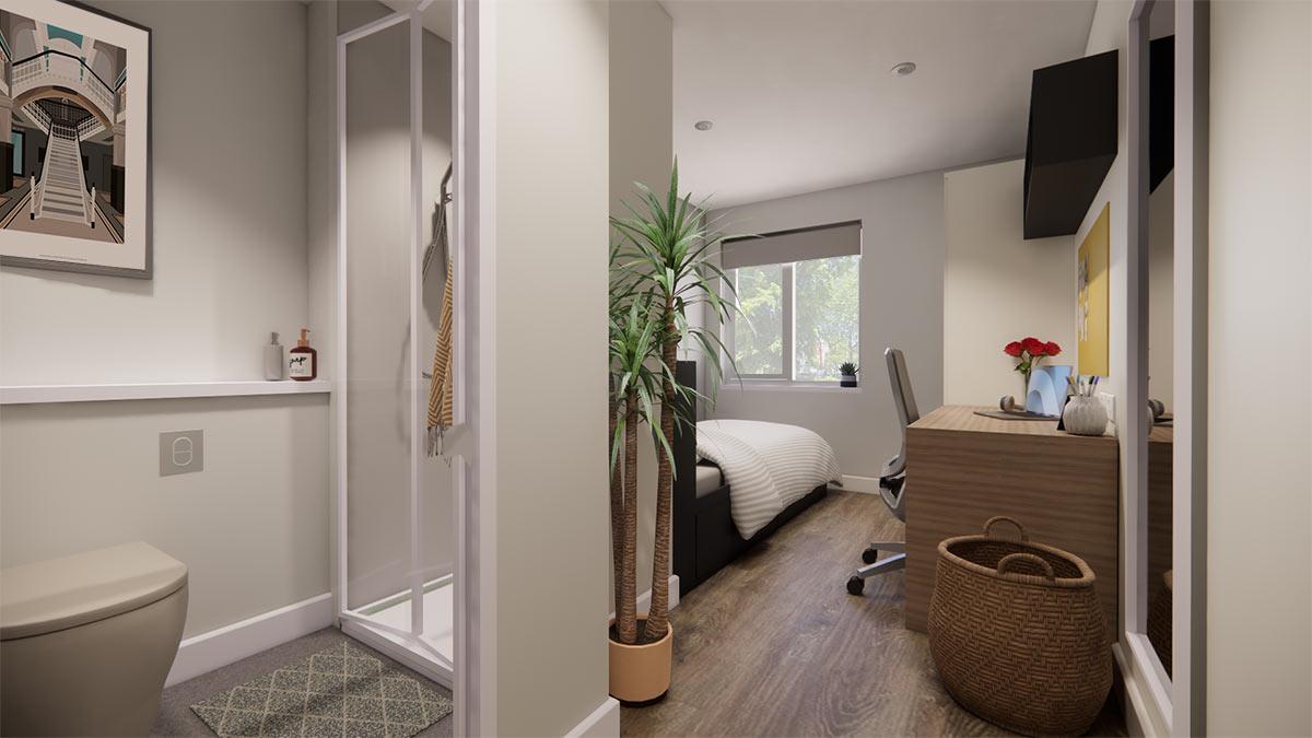 Toilet shower bed desk plants living room at Moss Court in Manchester Student Accommodation