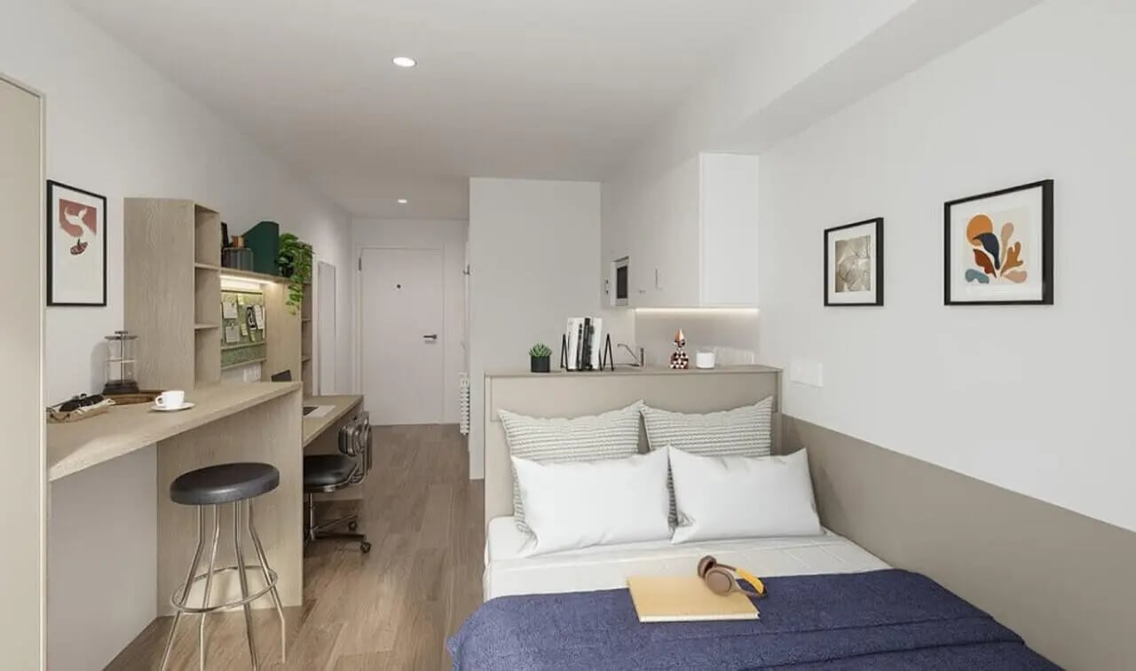 Bed desk and kitchen counter bedroom at Holden Court in Brighton Student Accommodation