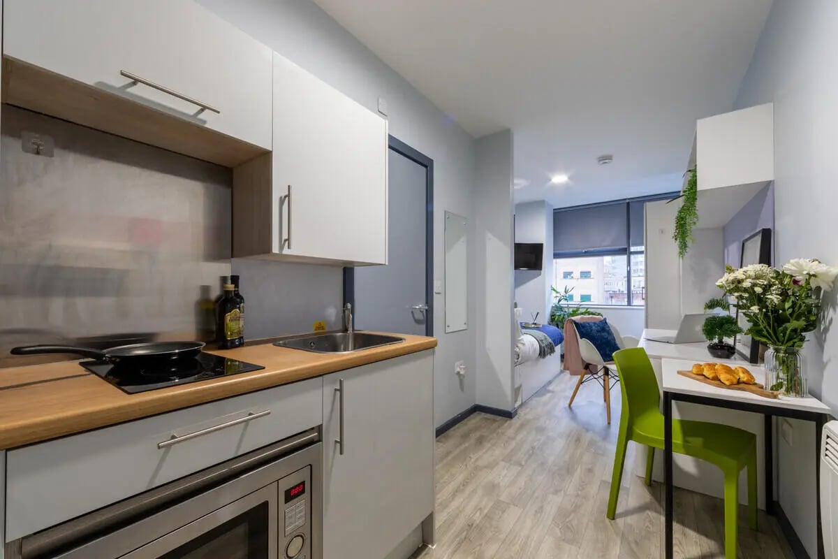 Kitchenette with bed and desk studio room at dwell Archer House in Nottingham Student Accommodation