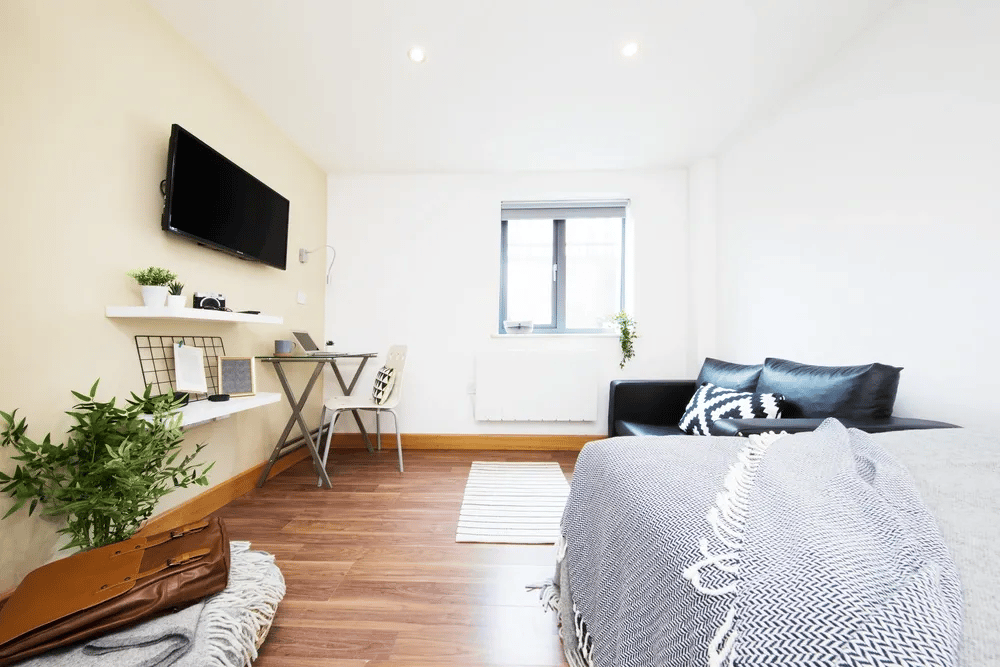 Desk plants couch and bed living room at Grange Lane Apartments in Leicester Student Accommodation