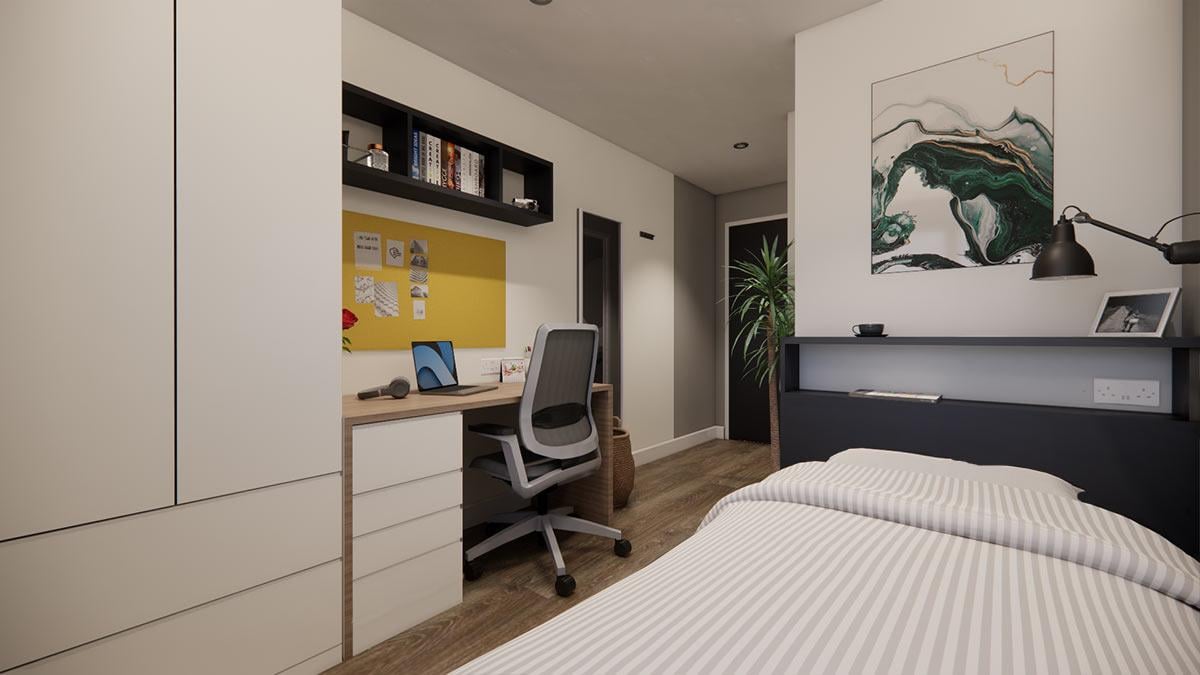 Desk, bed, artwork, closet, bedroom at Moss Court in Manchester Student Accommodation
