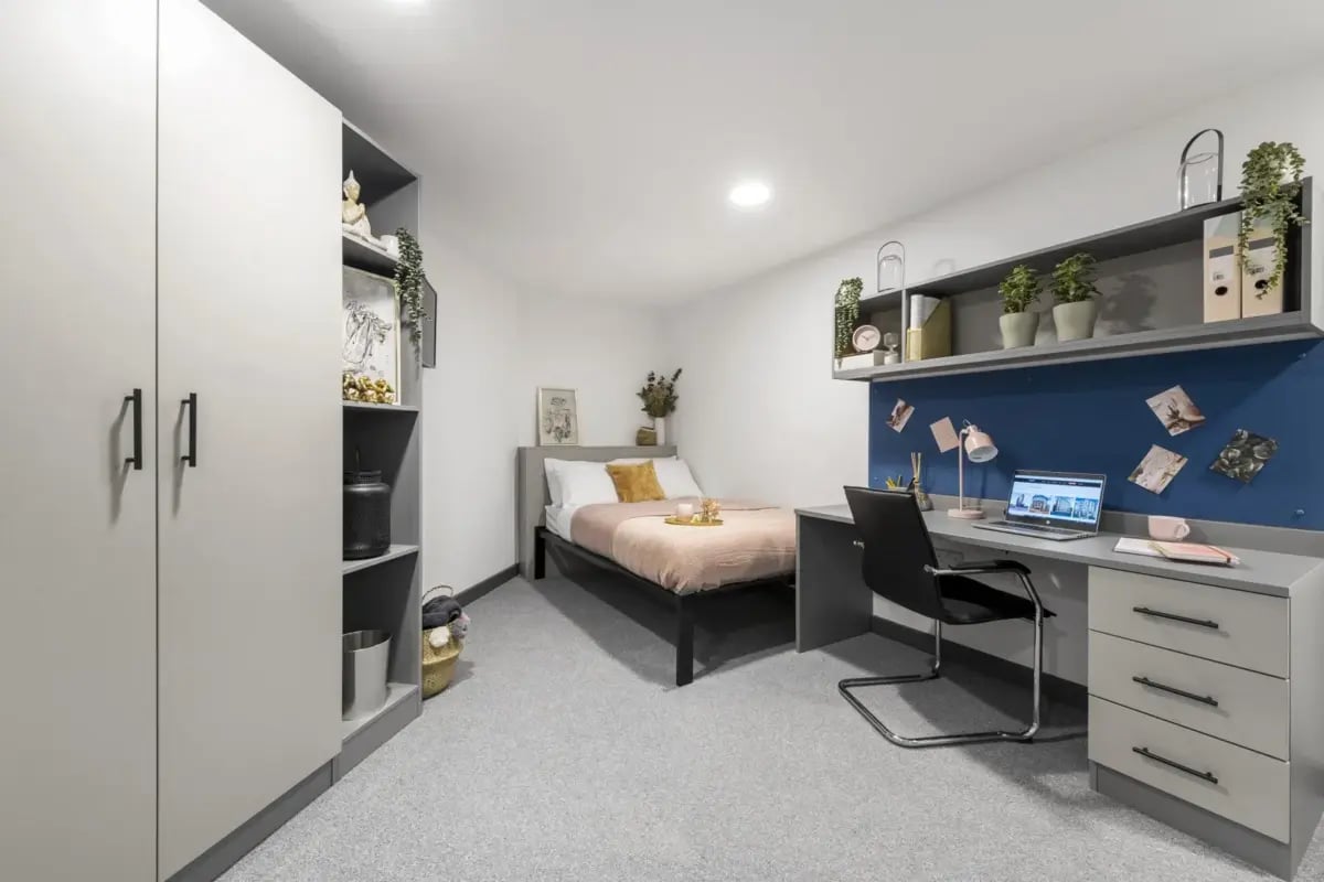 Wardrobe bed desk chair shelves plants bedroom at Compass in Birmingham Student Accommodation
