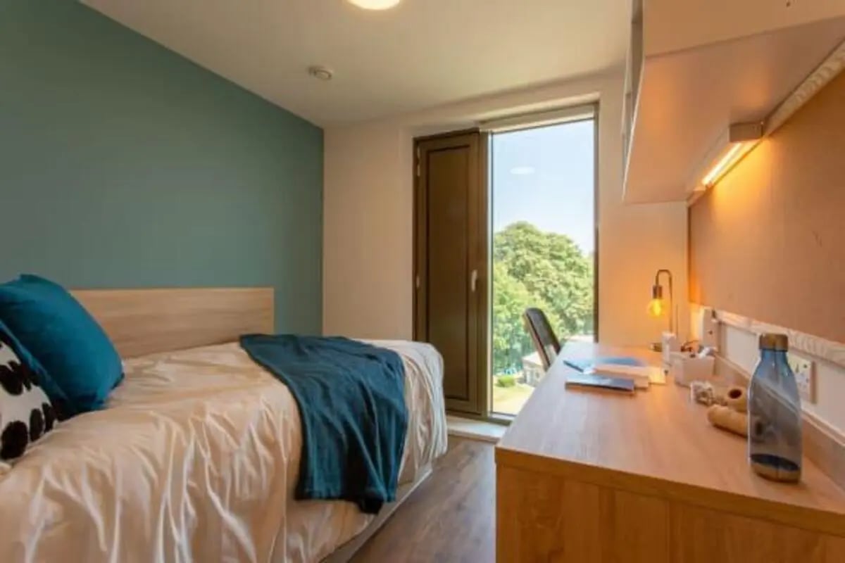 Bed desk and window view bedroom at Bankside Student Living - Guildford in Guildford Student Accommodation