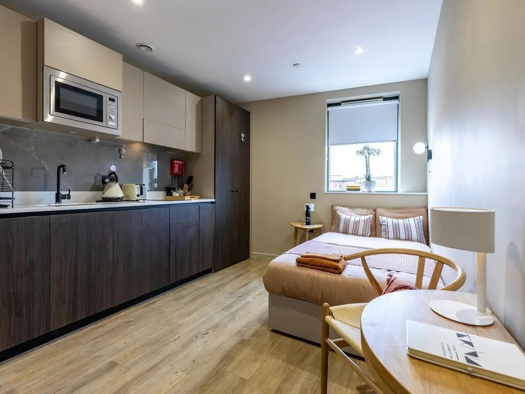Kitchen bed study table lamp interior at Tribu Kingston in Kingston Upon Thames Student Accommodation