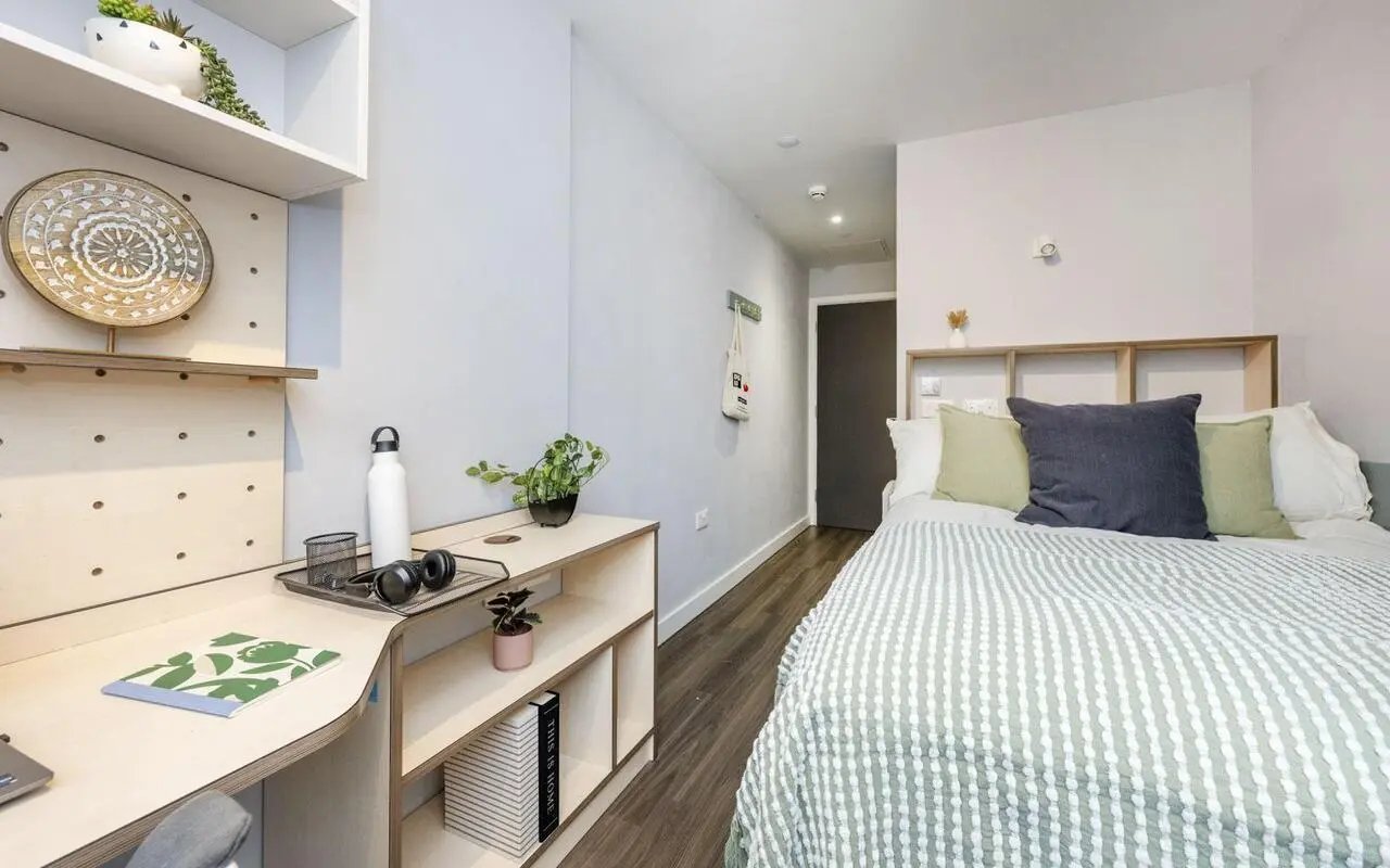 Bed desk and shelves Bedroom at The Aspen in Leicester Student Accommodation