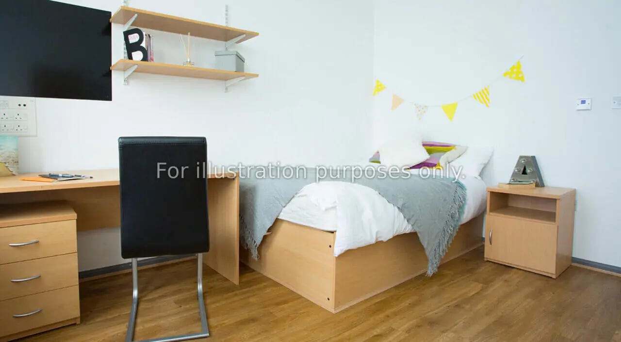 Bed desk chair with drawers nightstand bedroom at Alexandra Hall in Aberystwyth Student Accommodation