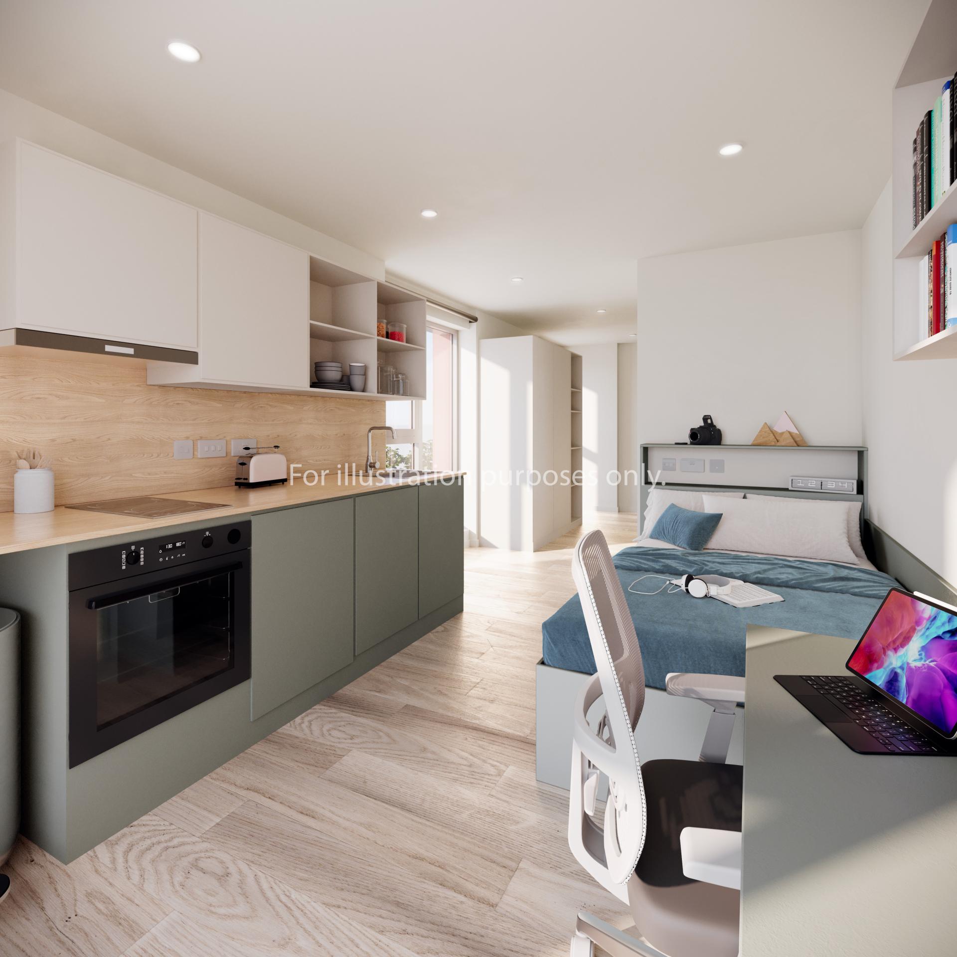 Kitchen study area with bed and desk bedroom at City Wharf in Glasgow Student Accommodation
