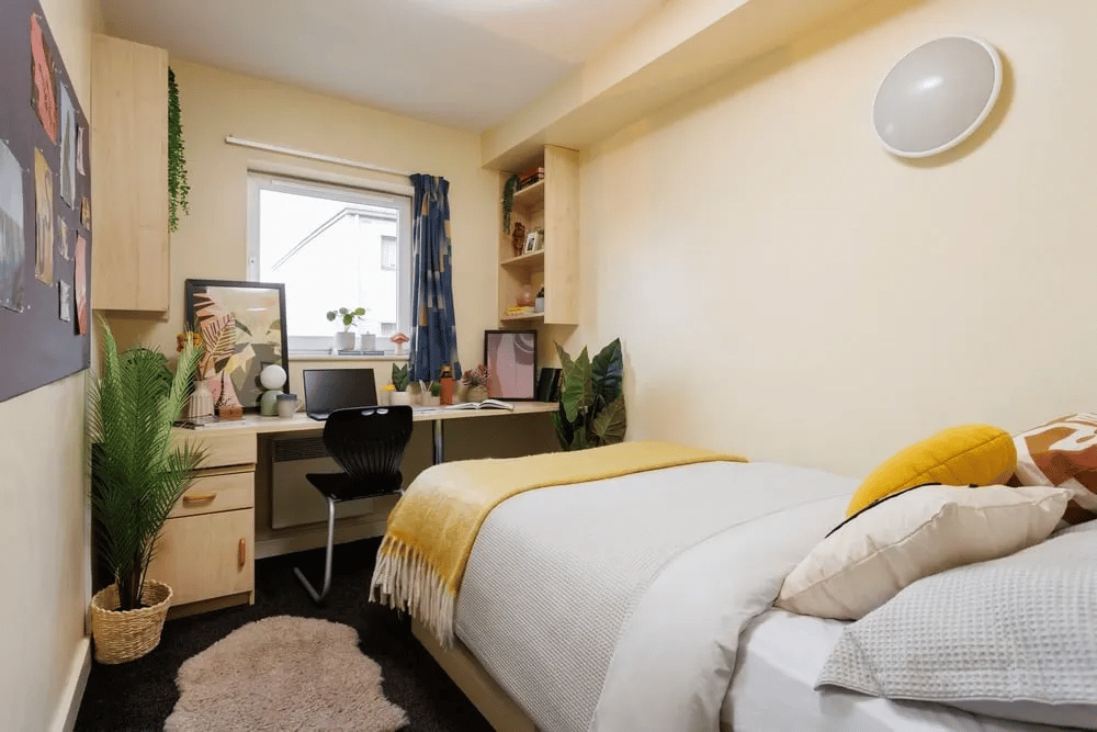 Desk plants laptop bed with yellow throw bedroom at Curzon House in Nottingham Student Accommodation