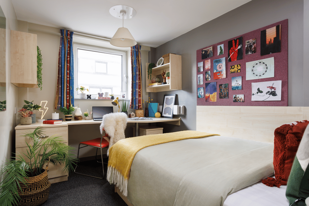 Bed desk chair plants and wall art bedroom at The Tannery Leeds in Leeds Student Accommodation